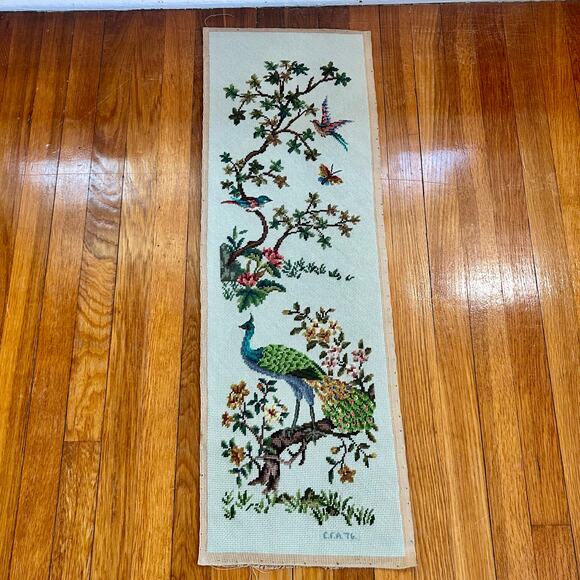 Vintage Needlepoint Peacock Wall Art with Birds, Butterflies & Botanicals - Picture 6 of 11